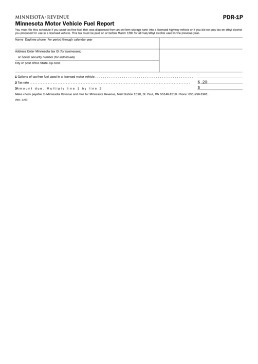 Form Pdr-1p - Minnesota Motor Vehicle Fuel Report Printable pdf