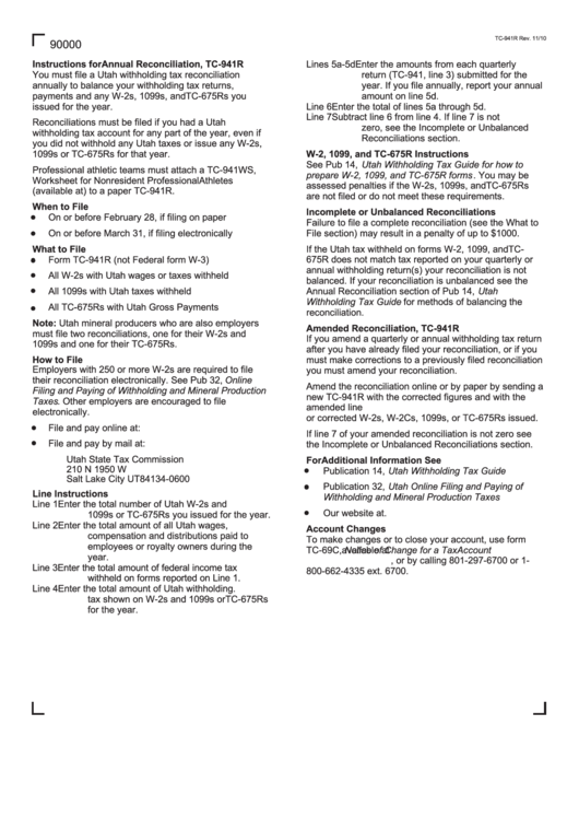 Form Tc-941r - Utah Annual Withholding Reconciliation Printable pdf