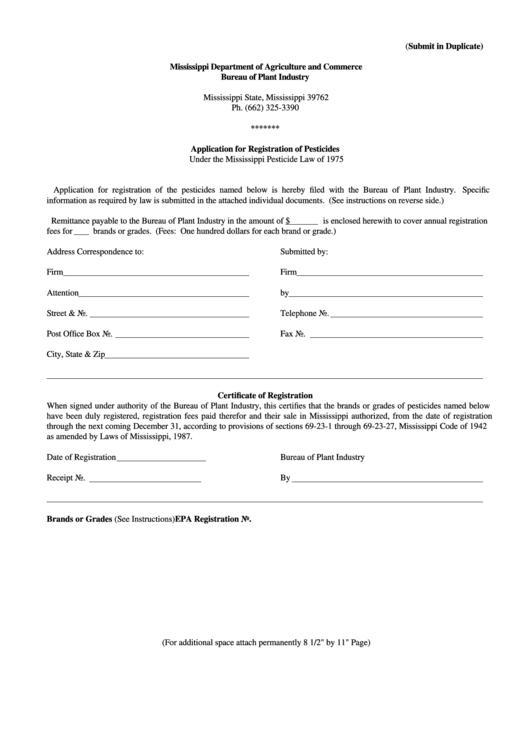 Fillable Application For Registration Of Pesticides Form - Mississippi Department Of Agriculture And Commerce Printable pdf