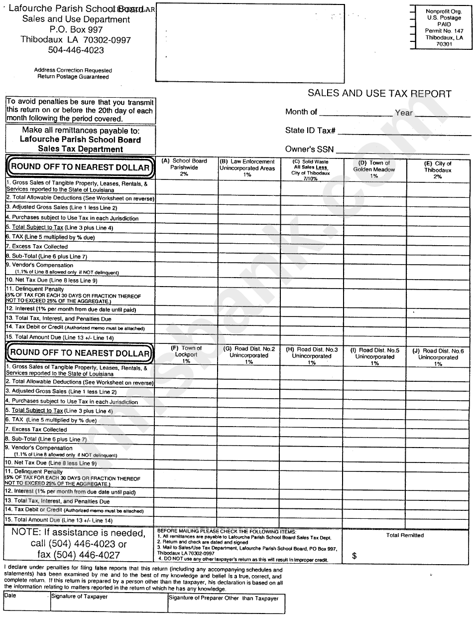 Form Std-0010 - Sales And Use Tax Report - Lafourche Parish School Board