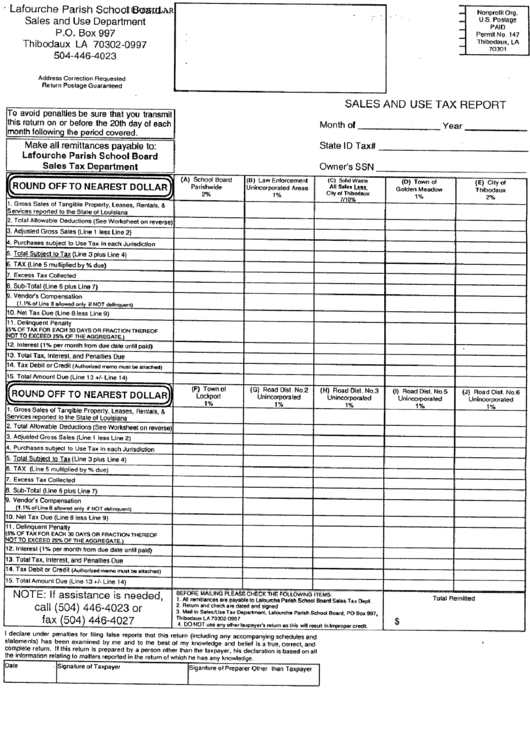 Form Std-0010 - Sales And Use Tax Report - Lafourche Parish School Board Printable pdf