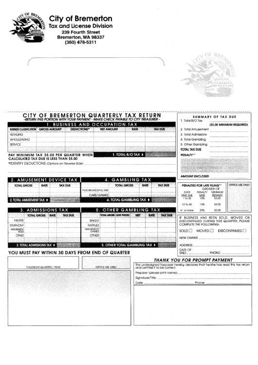 City Of Bremerton Quarterly Tax Return Form Printable pdf