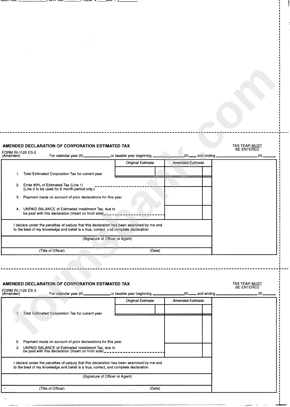 Form Ri-1120 Es - Amended Declaration Of Corporation Estimated Tax
