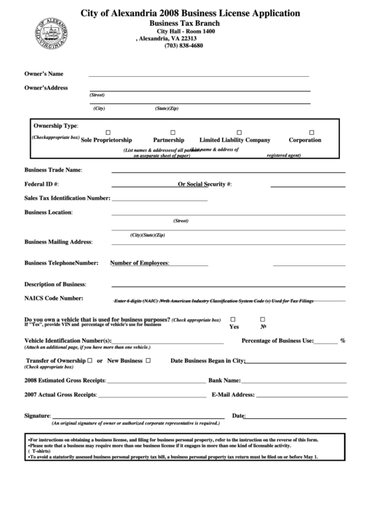 Business License Application - City Of Alexandria - 2008 Printable pdf