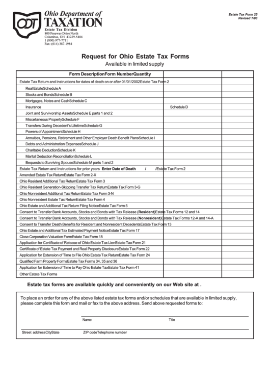 Fillable Estate Tax Form 25 Request For Ohio Estate Tax printable pdf