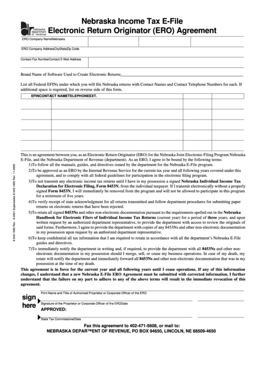 Form 8-543-1999 - Nebraska Income Tax E-File - Electronic Return Originator (Ero) Agreement Printable pdf
