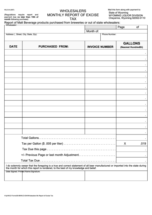 Form Wld-34 - Wholesalers Monthly Report Of Excise Printable pdf