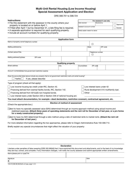 Fillable Form 150-310-090 - Multi-Unit Rental Housing Special Assessment Application And Election - Or Printable pdf