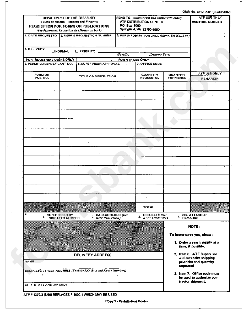 Form Atf F 1370.3 - Requisition For Forms Or Publications