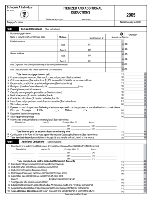 Schedule A Individual - Itemized And Additional Deductions - 2005 Printable pdf