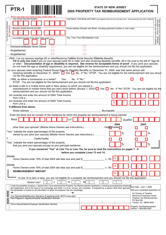 Fillable Form Ptr-1 - Property Tax Reimbursement Application - 2005 Printable pdf