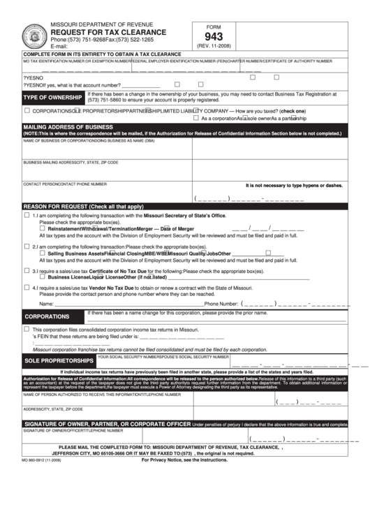 Fillable Form 943 - Request For Tax Clearance 2008 Printable pdf