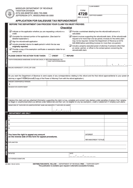 Fillable Form 472b - Application For Sales/use Tax Refund/credit 2010 Printable pdf