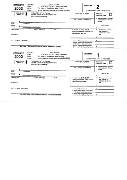 Estimated Tax Declaration Form - City Of Pontiac - 2002 Printable pdf