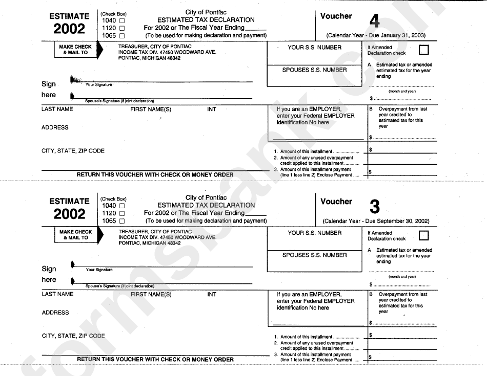 Estimated Tax Declaration Form - City Of Pontiac - 2002