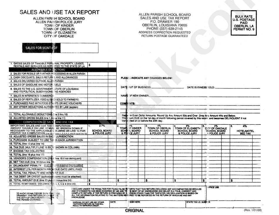Sales And Use Tax Report Form - Allen Parish School Board