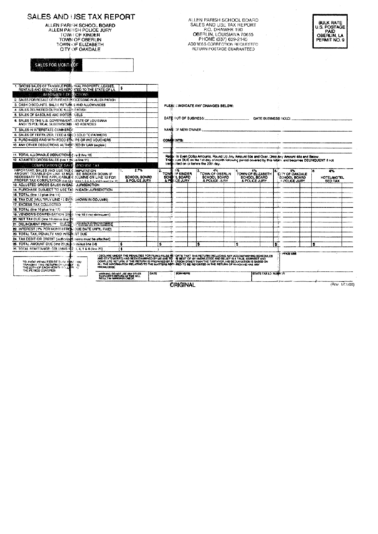 Sales And Use Tax Report Form - Allen Parish School Board Printable pdf