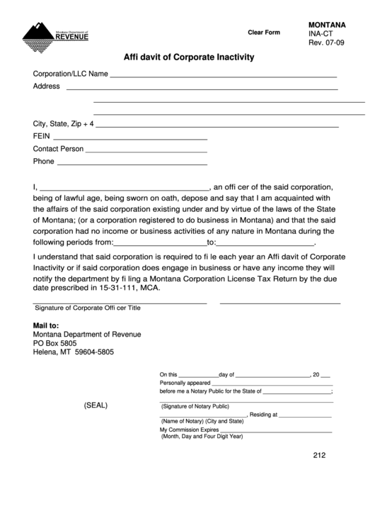 Fillable Montana Form Ina-Ct - Affidavit Of Corporate Inactivity Printable pdf
