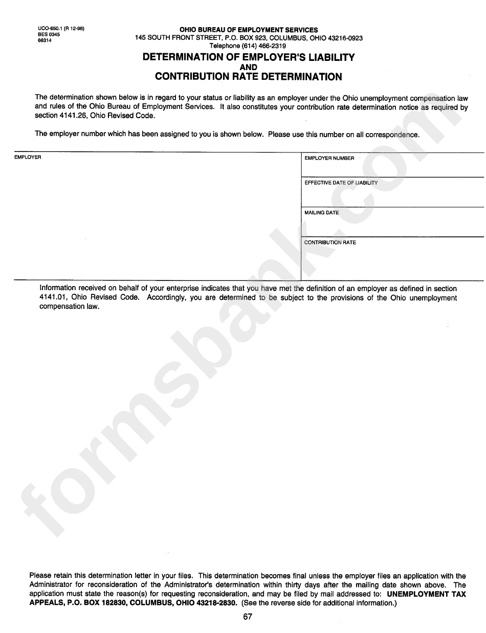 Form Uco-650.1 - Determination Of Employer