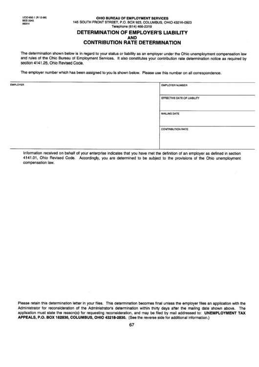 Form Uco-650.1 - Determination Of Employer