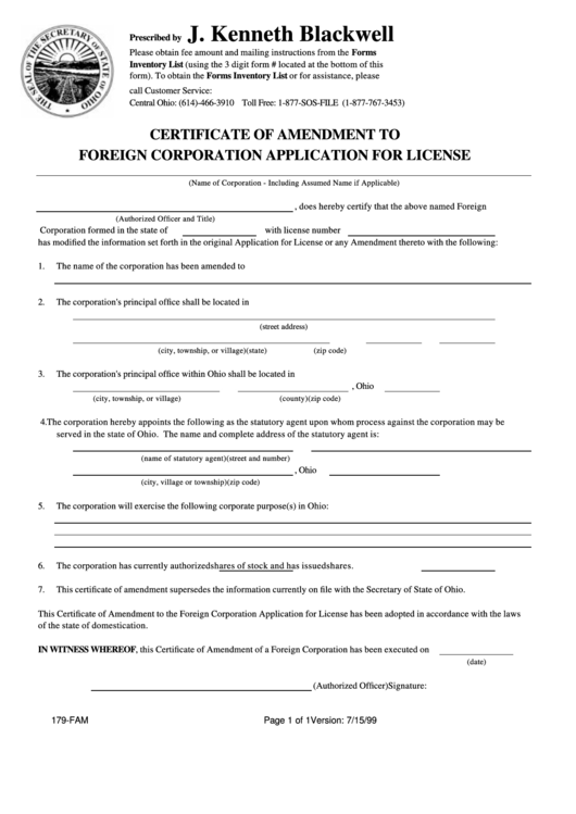 Form 179-Fam - Certificate Of Amendment To Foreign Corporation Application For License Printable pdf