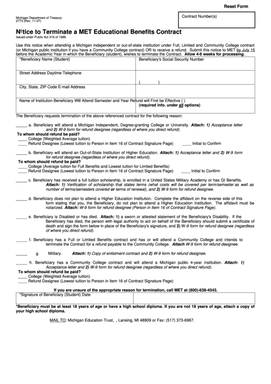 Fillable Form 2773 - Notice To Terminate A Met Educational Benefits Contract - 2007 Printable pdf
