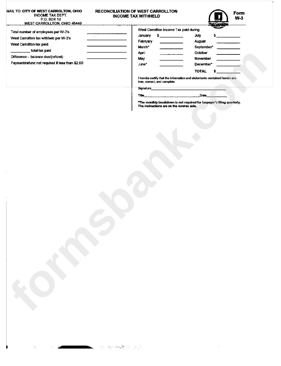 Form W-3 - Reconciliation Of West Carrollton Income Tax Withheld - City Of West Carrolton