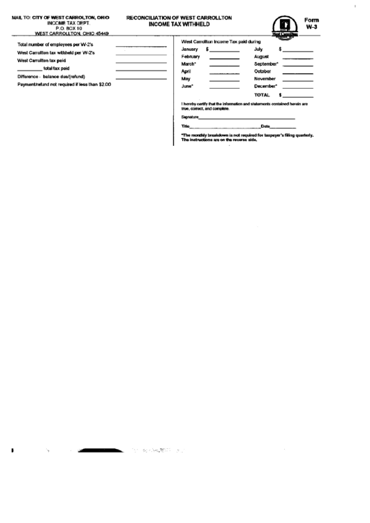 Form W-3 - Reconciliation Of West Carrollton Income Tax Withheld - City Of West Carrolton Printable pdf