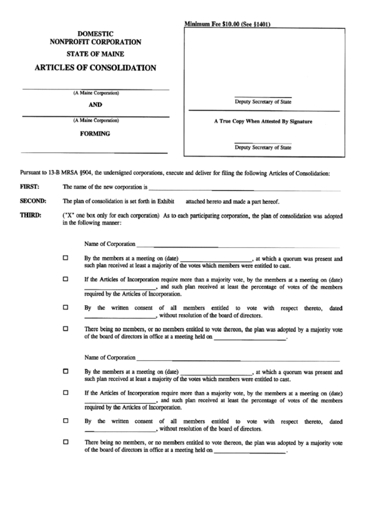 Form Mnpca-10a - Domestic Nonprofit Corporation Articles Of Consolmation Printable pdf