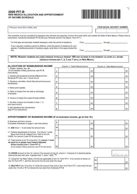 Form Pit-B - New Mexico Allocation And Apportionment Of Income Schedule - 2009 Printable pdf