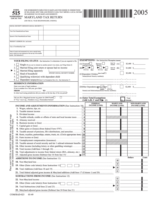 Fillable Form 515 - Maryland Tax Return - 2005 Printable pdf