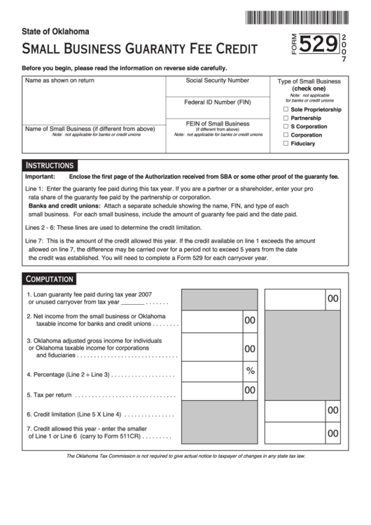 Fillable Form 529 - Small Business Guaranty Fee Credit Form - 2007 Printable pdf