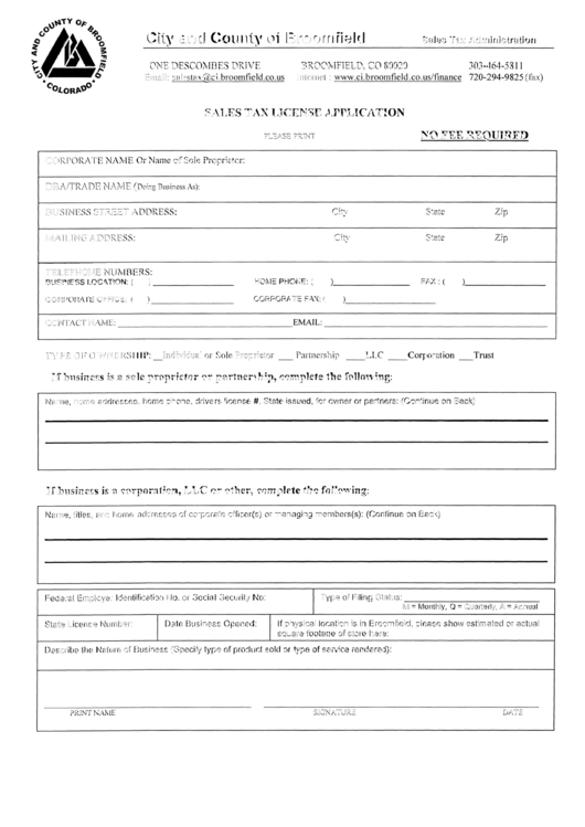 Sales Tax License Application Form - City And County Of Broomfield Printable pdf
