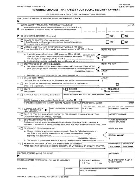 Form Ssa-1425 - Reporting Changes That Affect Your Social Security Payment Printable pdf