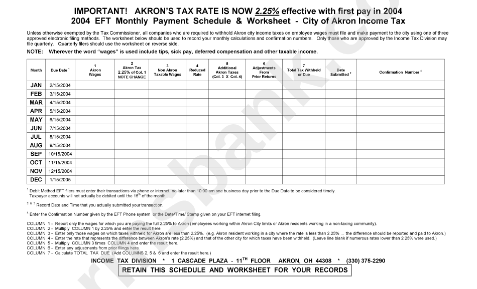 Eft Monthly Payment Shchedule And Worksheet - City Of Akron Income Tax