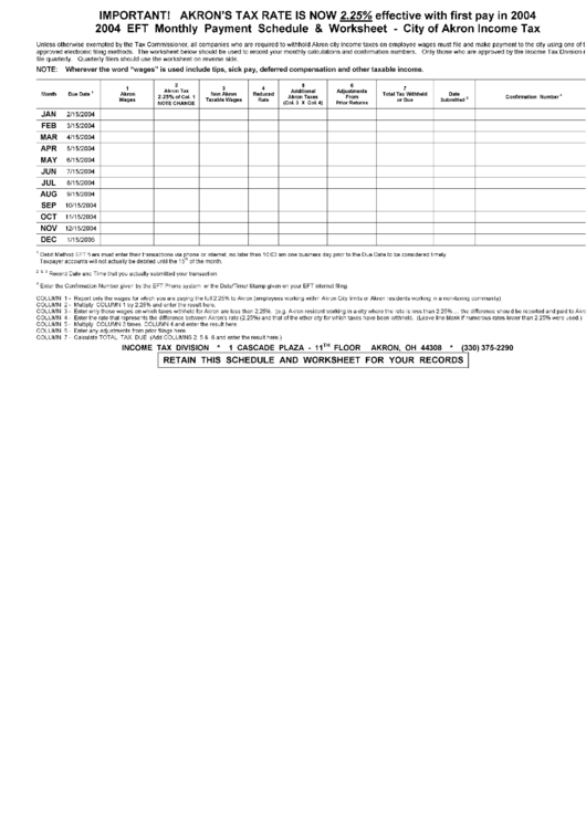 Eft Monthly Payment Shchedule And Worksheet - City Of Akron Income Tax Printable pdf
