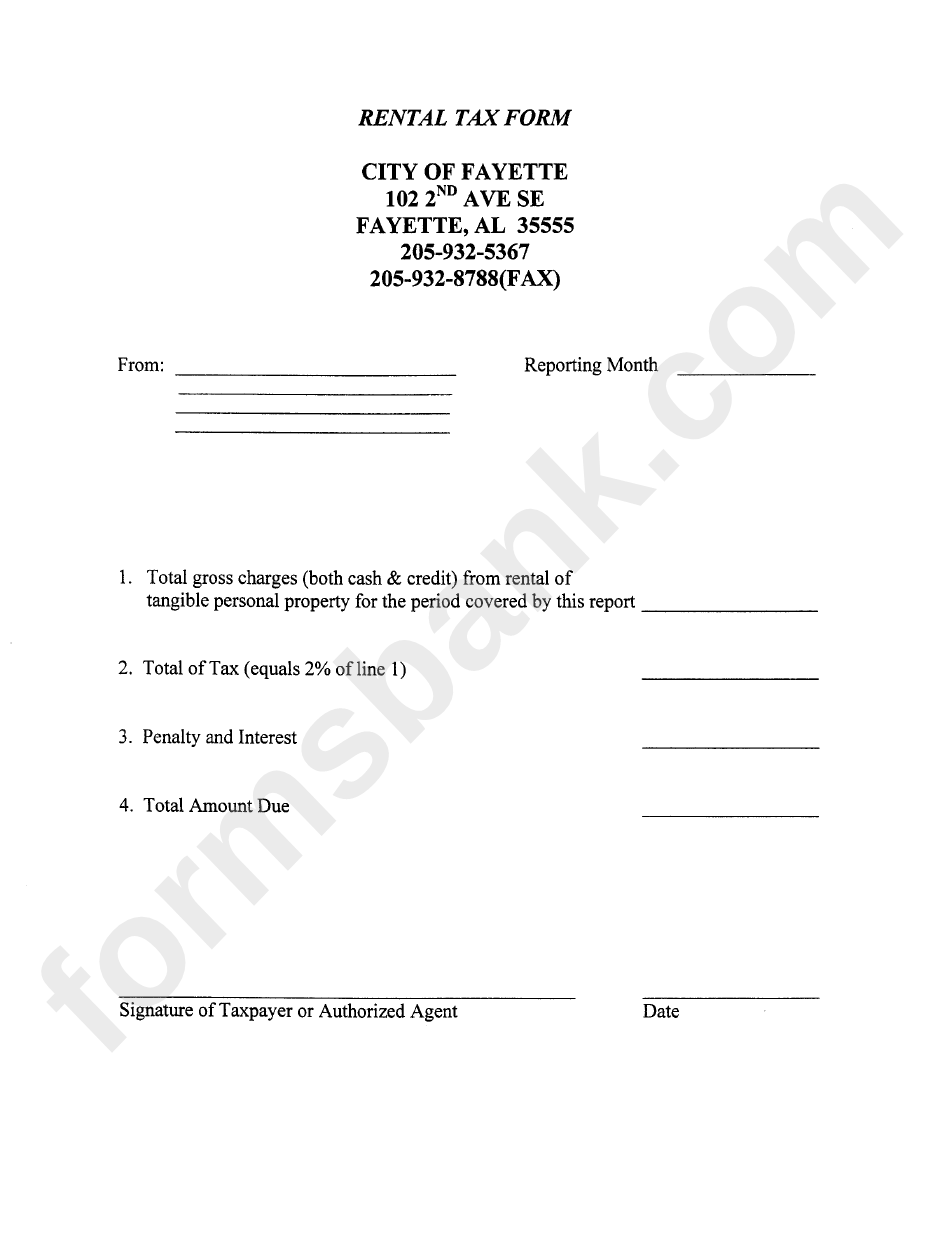 Rental Tax Form - City Of Fayette