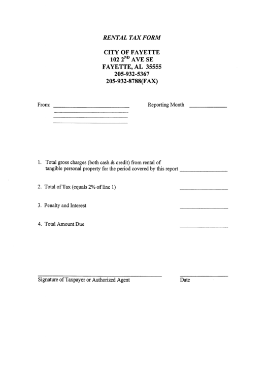 Rental Tax Form - City Of Fayette Printable pdf