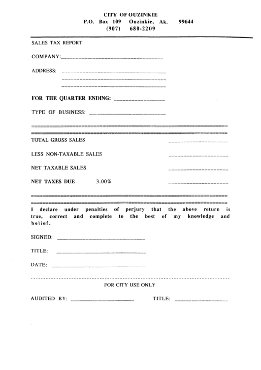 Sales Tax Report Form - City Of Ouzinkie Printable pdf