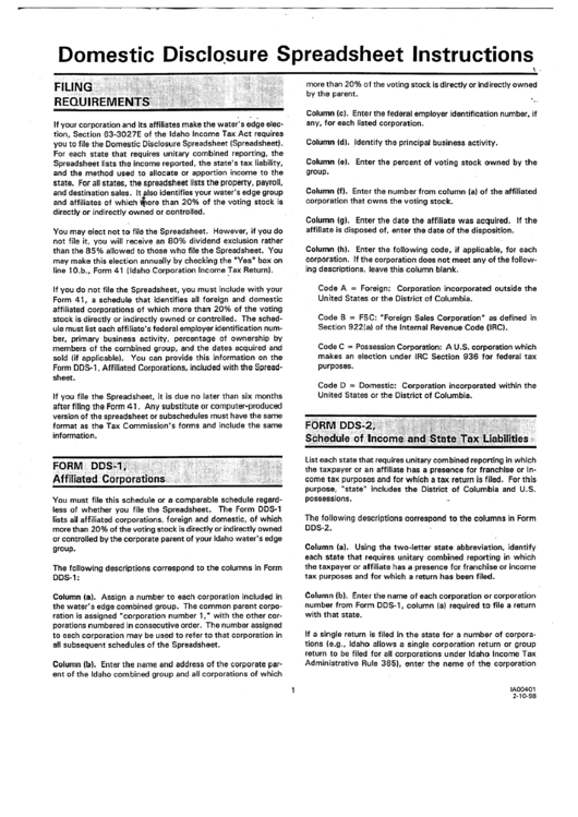 Form Ia00401 - Domestic Disclosure Spreadsheet Instructions Printable pdf