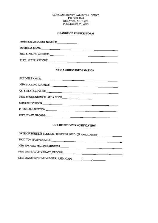 Change Of Address Form - Morgan County Printable pdf