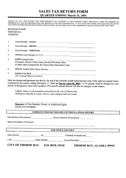 Sales Tax Return Form - City Of Thorne Bay Printable pdf