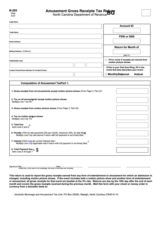 Form B-205 - Amusement Gross Receipts Tax Return Printable pdf