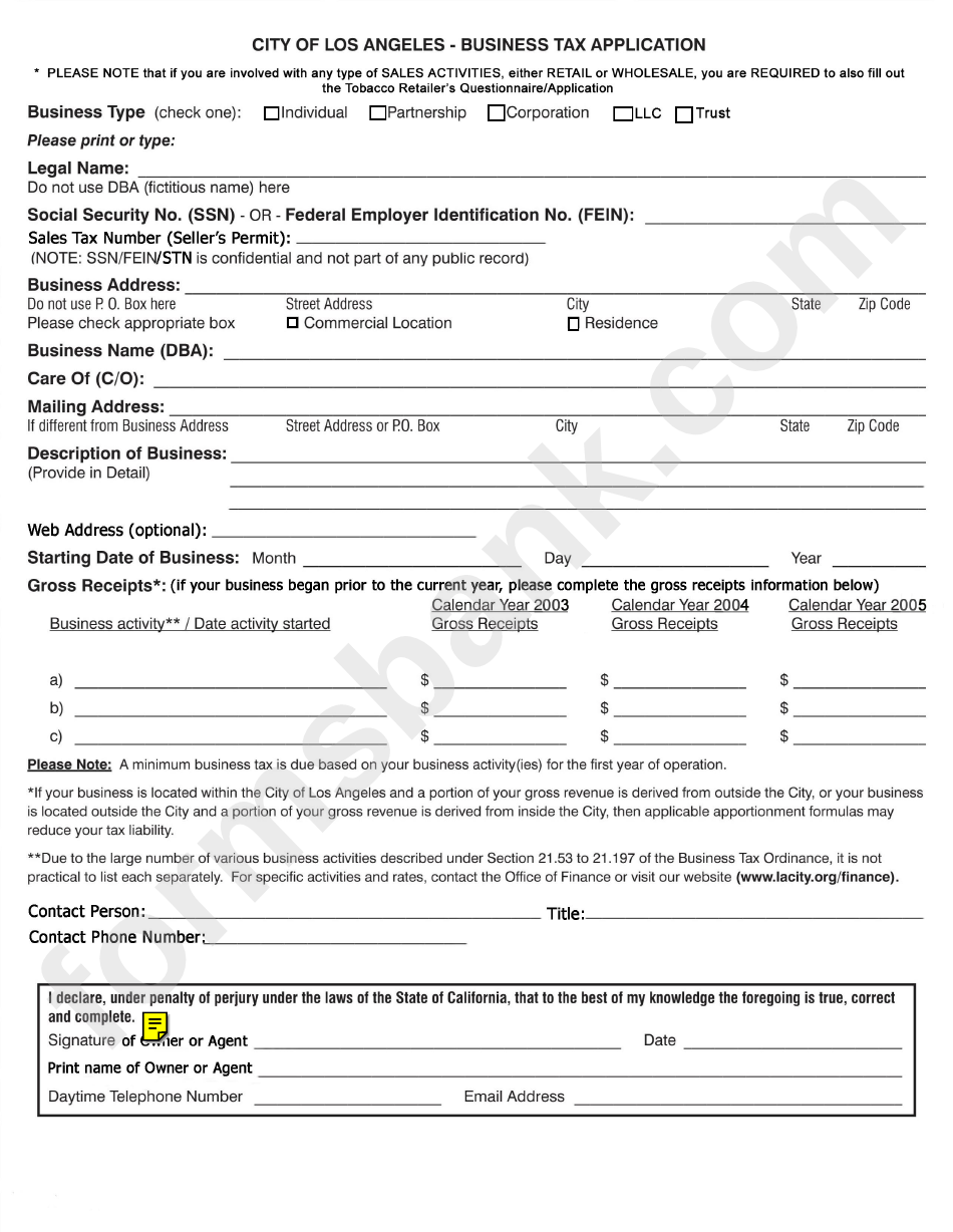 Fillable Business Tax Application Form City Of Los Angeles printable