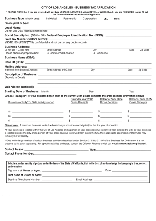 Fillable Business Tax Application Form - City Of Los Angeles Printable pdf