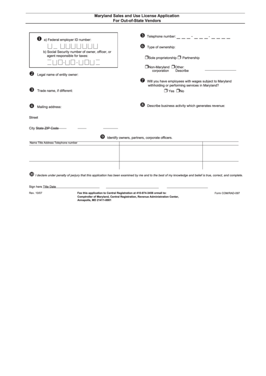 Form Com/rad-097 - Maryland Sales And Use License Application For Out-Of-State Vendors Printable pdf