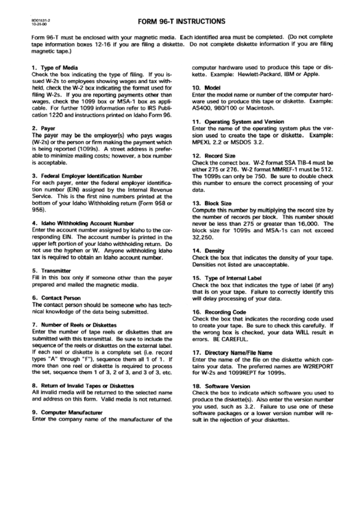 Form 96-T - Instructions Sheet Printable pdf
