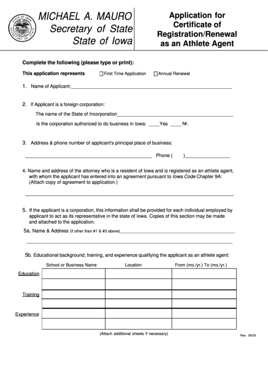 Application For Certificate Of Registration/renewal As An Athlete Agent Form Printable pdf