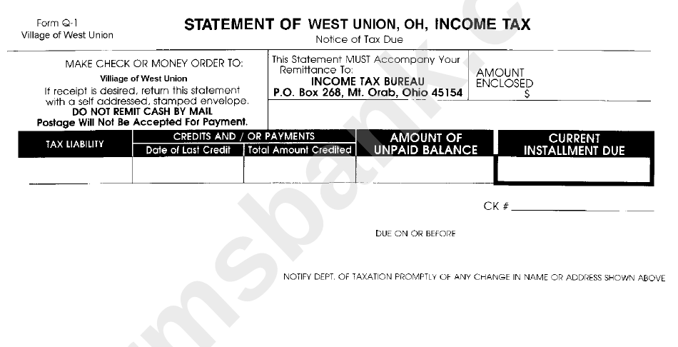 Form Q-1 - Statement Of West Union - Ohio Income Tax