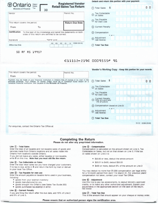 Registered Vendor Retail Sales Tax Return Form Printable pdf